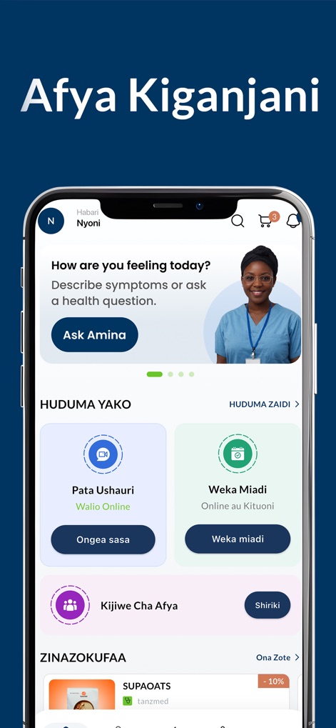 TanzMED - Afya Kiganjani - このアプリのホーム画面では、AIアシスタント「Amina」への質問機能と、オンライン相談や予約を行うための明確なサービス選択肢が示されています。