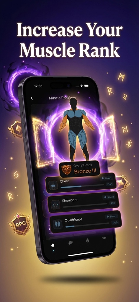 GymLevels: Ranked Gym Workouts - Explore the detailed muscle ranking system, which displays an overall rank and individual progress for specific muscle groups like 'Chest' and 'Shoulders'.