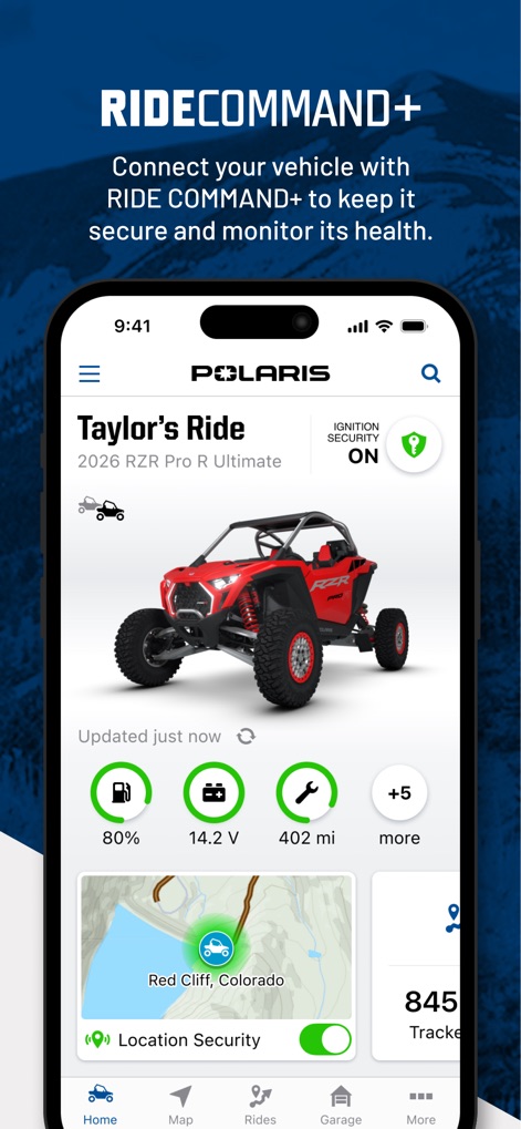 Polaris® - RIDE COMMAND+는 이 앱을 통해 사용자가 차량의 점화 보안 상태를 확인하고, 배터리 잔량 및 주행 거리를 포함한 상세한 차량 정보를 실시간으로 모니터링할 수 있도록 합니다.