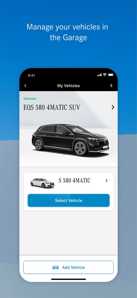 Mercedes-Benz (USA/CA) - The app provides a dedicated 'My Vehicles' section for effortlessly managing multiple Mercedes-Benz vehicles and adding new ones.