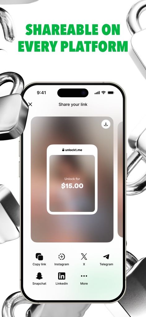 Unlockt - Sell your files - View the intuitive 'Share your link' interface, offering direct sharing to popular platforms like Instagram and X.