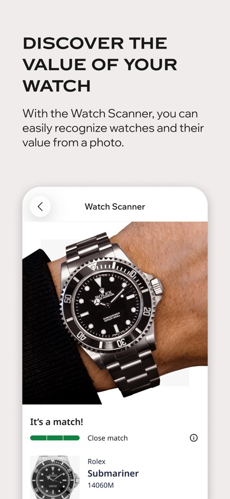 Chrono24 | Luxury Watch Market - L'app introduce una funzionalità di scanner che, come dimostrato dall'identificazione del "Rolex Submariner 14060M" da una semplice foto, consente agli utenti di riconoscere facilmente i propri orologi e scoprirne il valore.