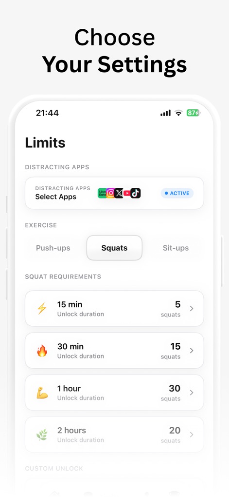 PushUp Time: App Blocker - Users can easily tailor their experience by selecting specific "Distracting Apps" to block and setting "Squat Requirements" for various unlock durations, such as 5 squats for 15 minutes of access.