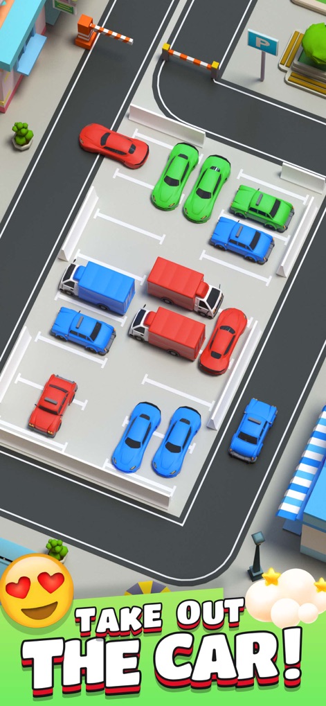 Car Out ™ - Users will encounter a variety of vehicles like trucks and different colored cars, with the "TAKE OUT THE CAR!" directive clearly guiding their objective.