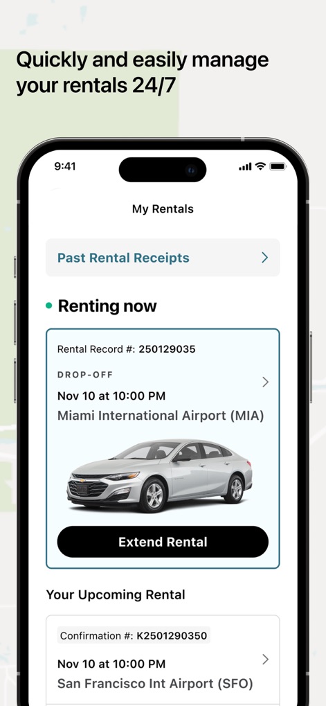 Hertz Rental Car, SUV, Van - Users can easily manage current rentals with the prominent "Renting now" card and review upcoming bookings in a clear list format.