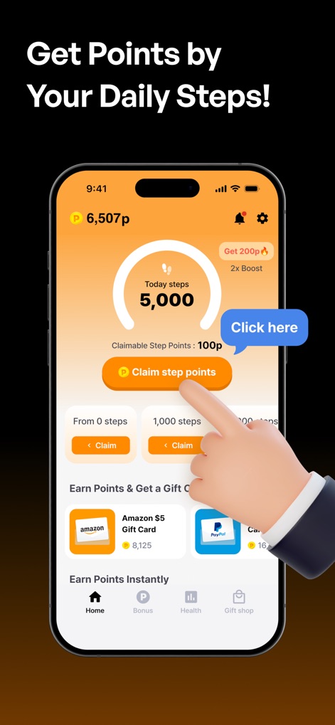 Moneywalk Step Counter&Rewards - This tool clearly displays 'Today's steps' progress and allows users to easily 'Claim step points' after reaching daily walking milestones.