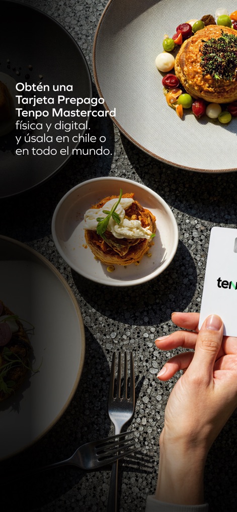 Tenpo: primer neobanco Chile - Users can see the convenience of obtaining a physical Tenpo Mastercard prepaid card, explicitly detailed alongside text that highlights its global usability for transactions.