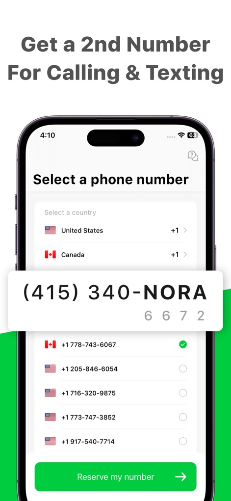TXT App Phone Now - Users can easily select a desired phone number from various country options, visible through the country flags and available number list.