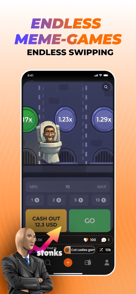 Rezona: AI Game Maker - Explore dynamic gameplay with visible multipliers and interactive play buttons, demonstrating the app's endless stream of meme-based mini-games ready for instant engagement.
