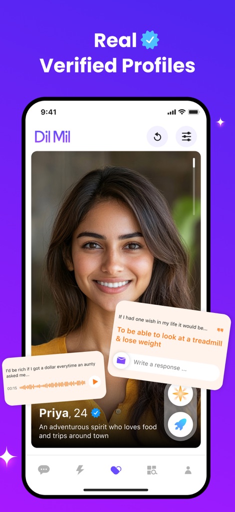 Dil Mil: South Asian Dating - Gli utenti possono visualizzare profili dettagliati con un badge di verifica blu e interagire con le "Dil Details" tramite le bolle di chat interattive che rivelano interessi e pensieri.