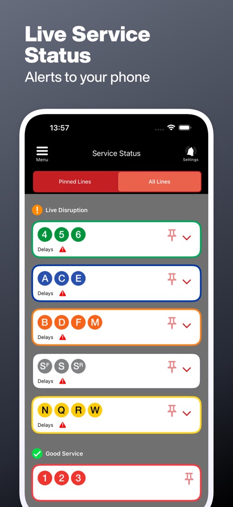 New York Subway MTA Map NYC - 主要な路線のリアルタイム運行状況を常に把握し、遅延や運休が発生した際には、アプリがユーザーのデバイスに直接アラートを送信します。