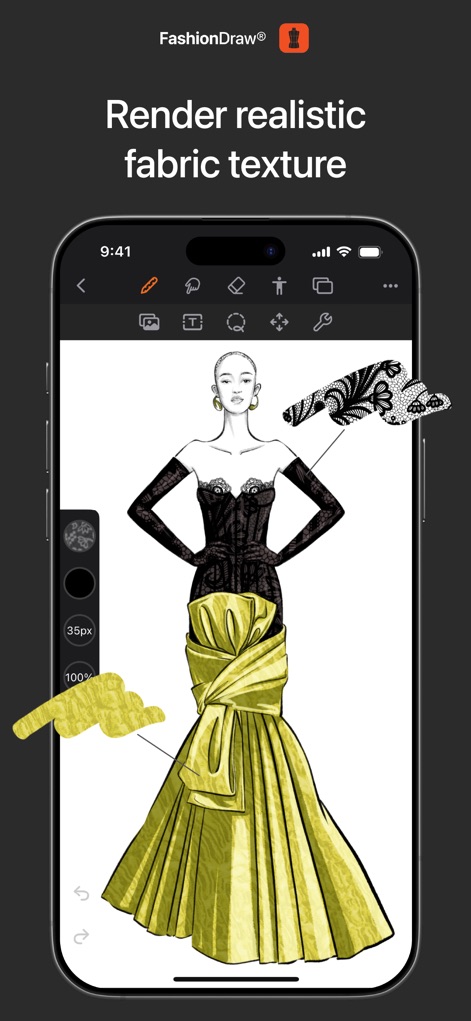FashionDraw by Fashionary - Witness the realistic rendering of fabric textures, applied to garments, complemented by a customizable color palette for precise design control.