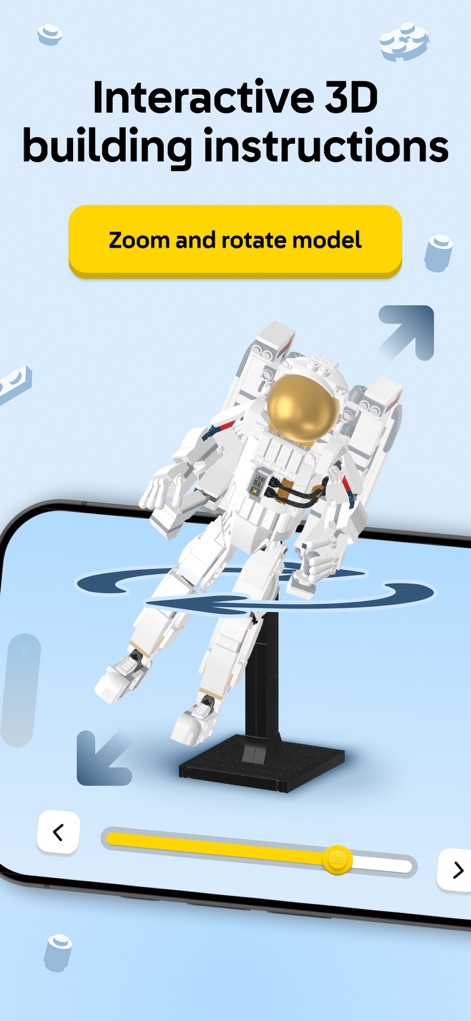 LEGO® Builder: 3D Instructions - Users experience intuitive 3D building guidance, featuring a prominently displayed 'Zoom and rotate model' button and a clear step-by-step progress slider for precise construction.