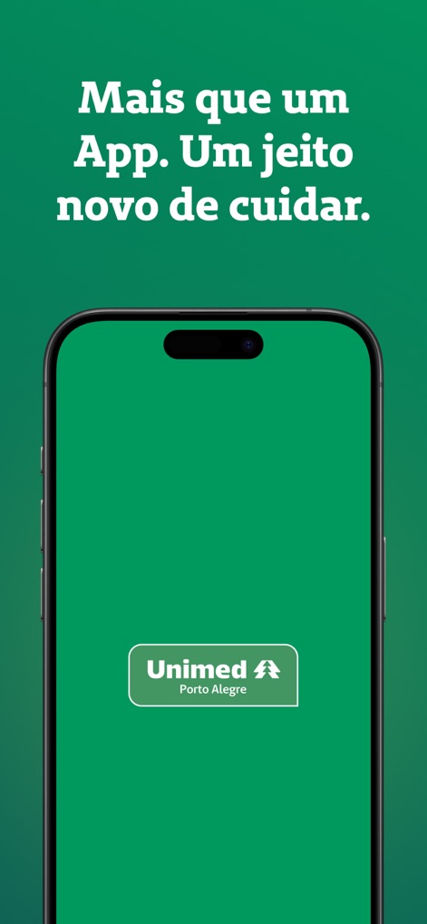 Unimed POA - 이 앱은 Unimed POA 로고와 함께 친숙한 녹색 인터페이스를 보여줍니다. 사용자는 깔끔한 시작 화면과 브랜드 로고를 통해 앱의 정체성을 즉시 확인할 수 있습니다.
