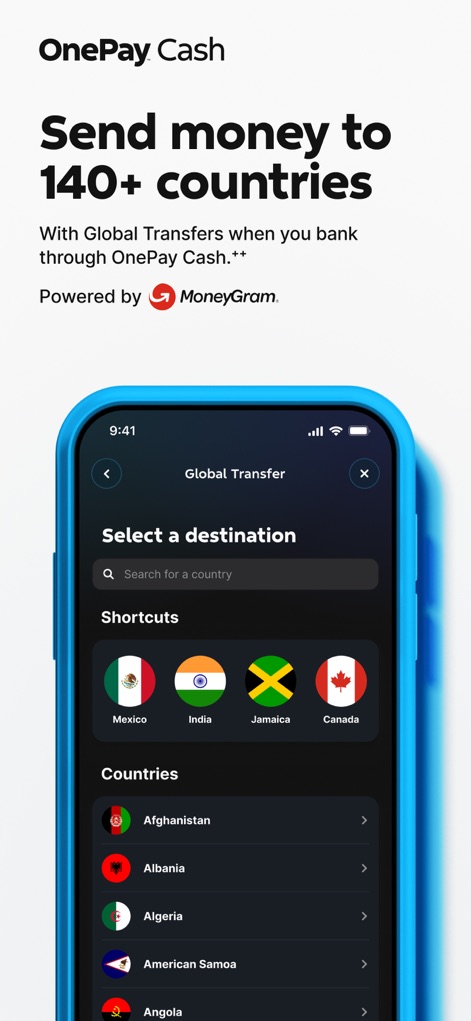 OnePay – Mobile Banking - Facilitate seamless international transactions with the "Global Transfer" feature, allowing users to send money to "140+ countries" directly from the app.