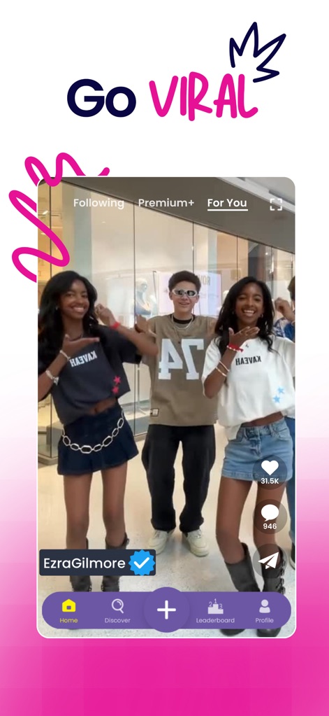 Zigazoo - Esta imagem representa o potencial de viralização no aplicativo, mostrando criadores como "EzraGilmore" e o número de curtidas e comentários que podem alcançar no feed.