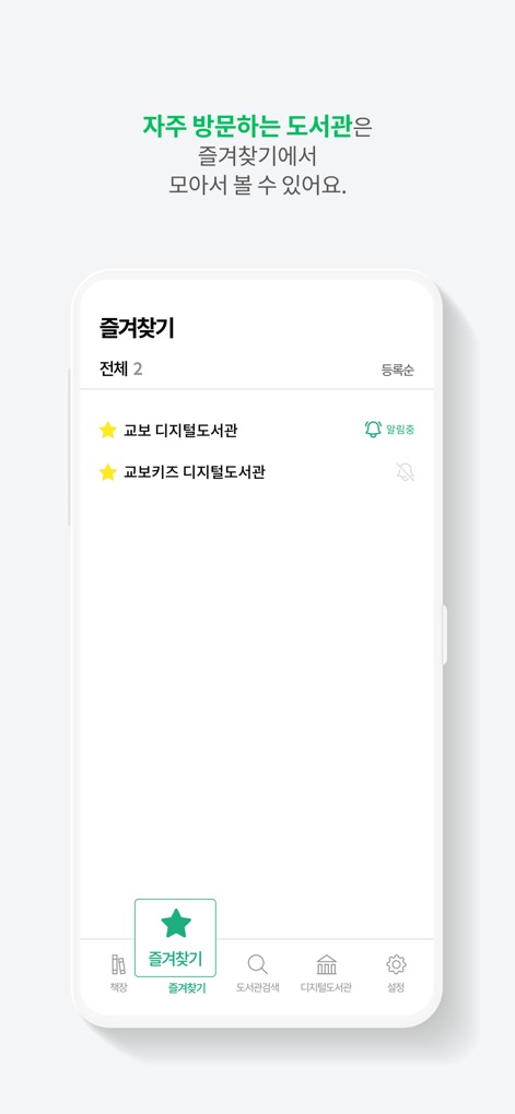 교보문고 디지털도서관 - Los usuarios pueden acceder rápidamente a sus bibliotecas preferidas desde la sección '즐겨찾기' (favoritos), que muestra una lista clara de las bibliotecas guardadas con sus notificaciones activas.
