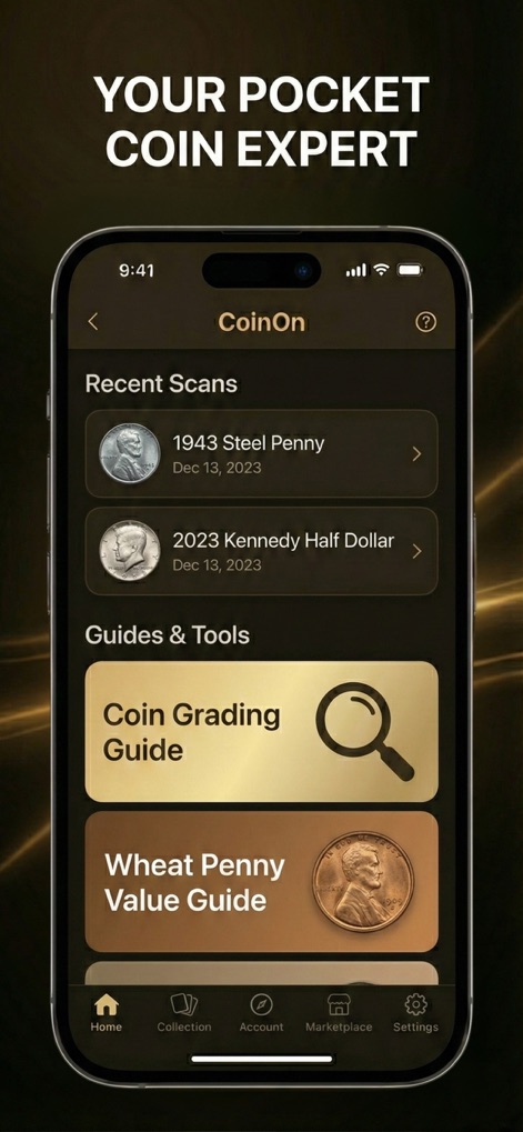 CoinOn - coin value identifier - La aplicación funciona como un experto de bolsillo, mostrando "escaneos recientes" de monedas y acceso a "guías de clasificación" y valoración.