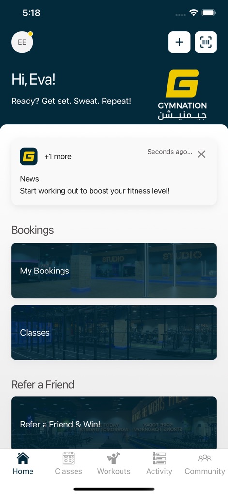 GymNation - The app greets users personally and provides quick access to essential features like their existing bookings and available classes.