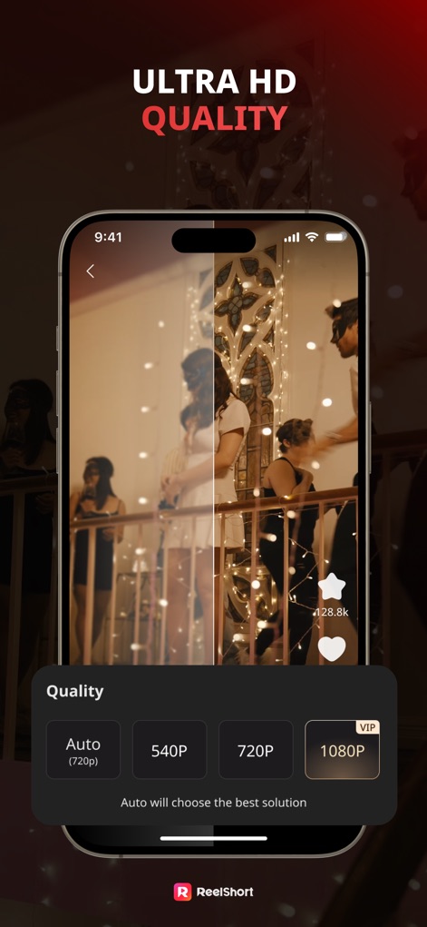 ReelShort - Stream Drama & TV - Users can select their preferred video quality, with options ranging from 'Auto (720p)' to '1080P VIP', ensuring an optimal visual experience during playback.