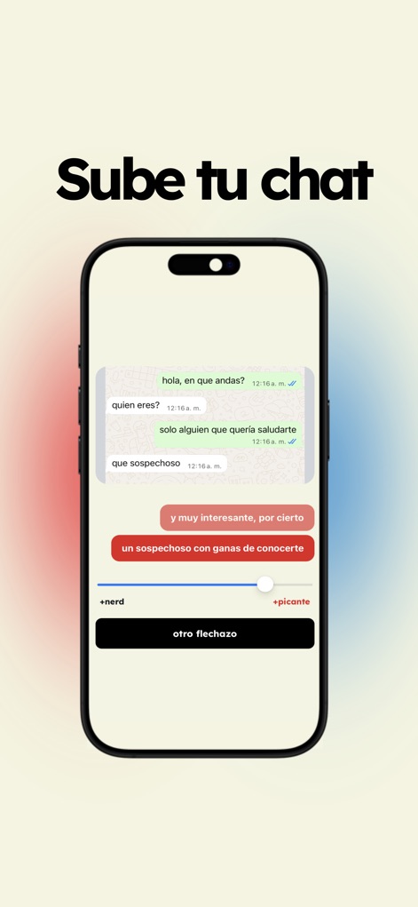1Flechazo - Esta captura ilustra cómo los usuarios pueden integrar sus conversaciones, mostrando burbujas de chat que simulan una interacción real y destacando la opción de respuesta sugerida en rojo junto al innovador deslizador para ajustar el tono entre "+nerd" y "+picante".