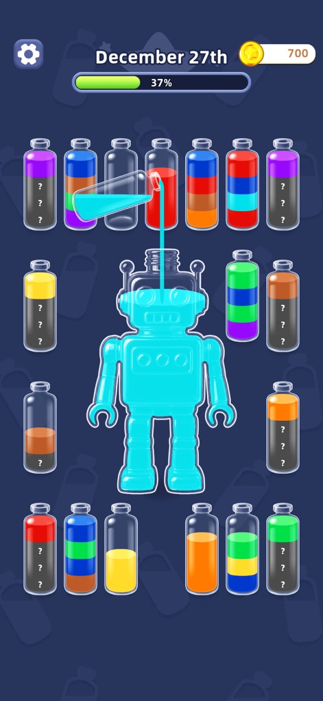 Water Jam Sort - Match Puzzle - Discover an intriguing daily puzzle featuring a large robot-shaped bottle, surrounded by smaller bottles containing liquids with question marks, introducing an element of surprise to the sorting challenge.