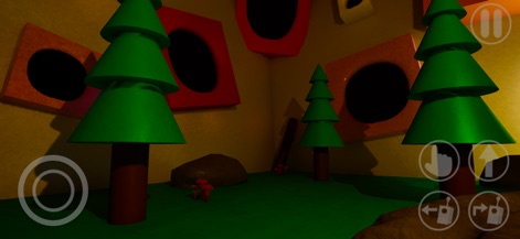 Garten of Banban 0 - Este visual apresenta uma área interna com árvores geométricas e cogumelos no chão, em contraste com as paredes de formas coloridas e buracos escuros.