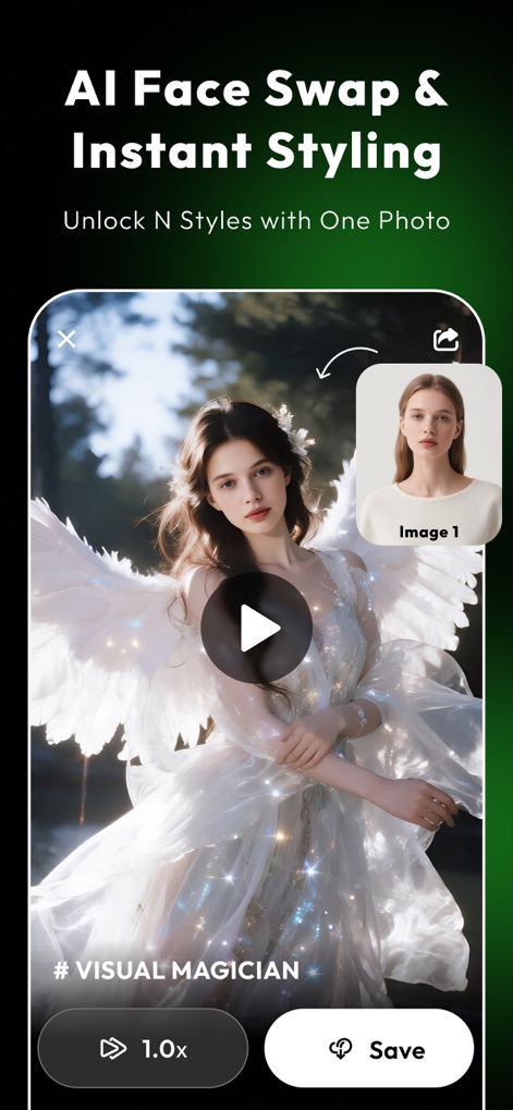 AI Moment: AI Video Generator - AI顔交換機能により、ユーザーは元の写真から顔を抽出し、様々なテーマやスタイル(例えばファンタジー風の衣装)に即座に適用して、新たなビジュアルを生み出せます。