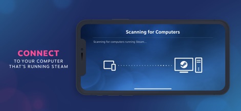 Steam Link - La aplicación indica el proceso de "Scanning for Computers" con una animación que conecta el icono del dispositivo móvil al icono del ordenador, ilustrando la búsqueda de la red local.