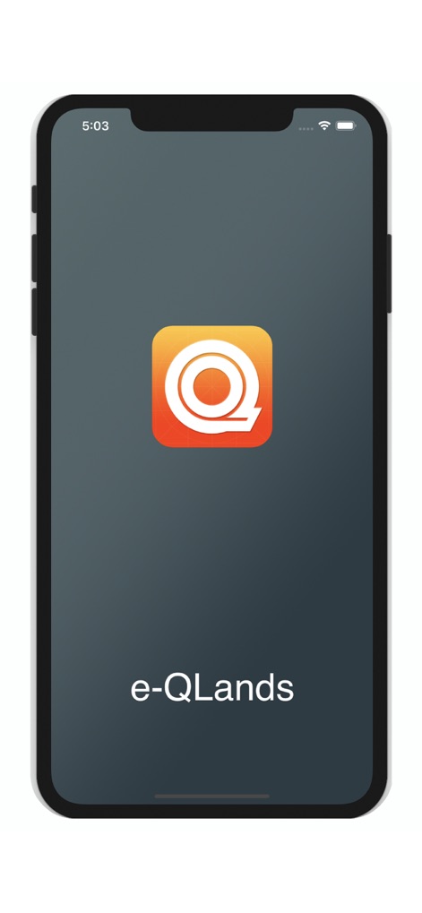 e-QLands - Esta imagem exibe a tela inicial do aplicativo, destacando o logotipo distintivo com o 'Q' estilizado e o nome 'e-QLands' na parte inferior da tela.
