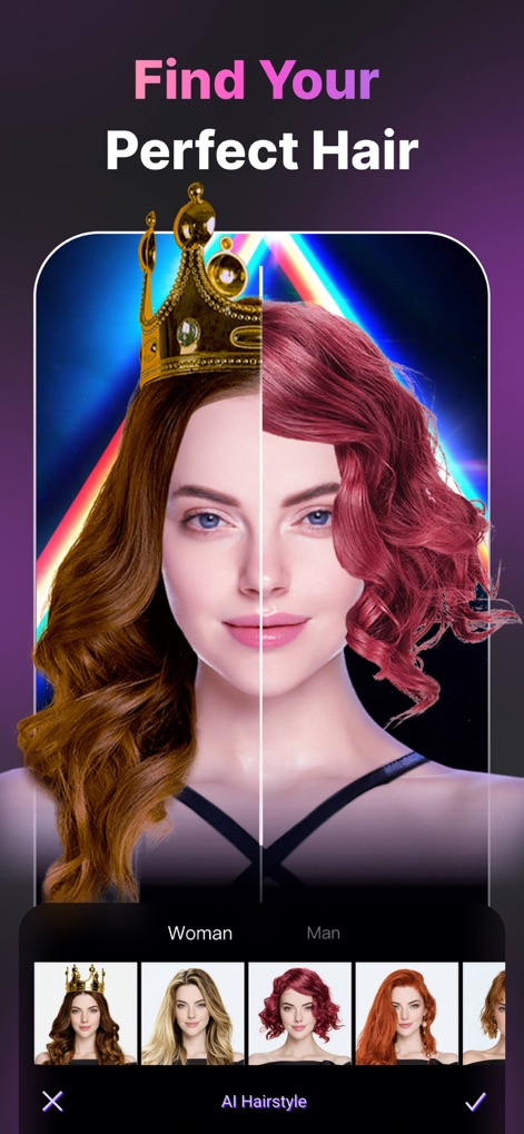 LoopArt - 3D Photo & Morph - La aplicación permite a los usuarios experimentar con nuevos looks, mostrando la transformación de X (un peinado original) a Y (un estilo o color de cabello diferente generado por IA) en tiempo real.