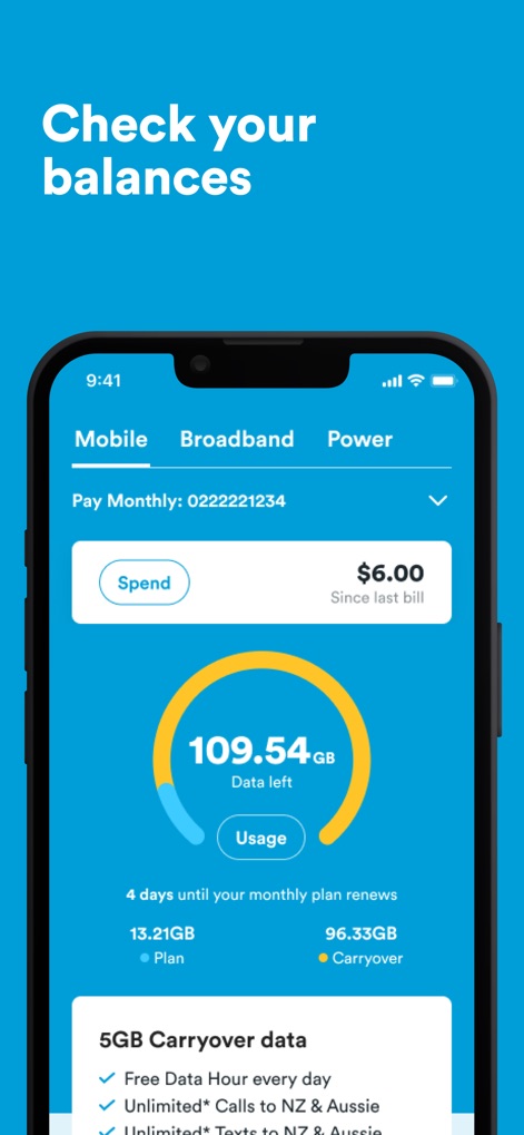 2degrees NZ - Users can monitor their remaining data with a clear circular gauge and review detailed breakdowns of their plan and carryover data across different service categories.