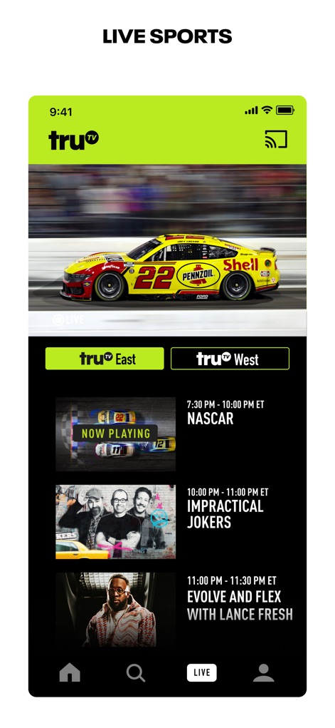 truTV - Users can navigate live broadcasts effortlessly, utilizing the 'truTV East' and 'truTV West' channel tabs and observing the 'NOW PLAYING' indicator for current programming.