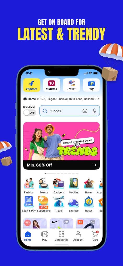 Flipkart - Online Shopping App - Die App präsentiert eine vielfältige Startseite mit schnellen Zugangsoptionen wie dem "10 Minutes"-Lieferservice und dem praktischen "Brand Mall"-Schalter für Markenprodukte.