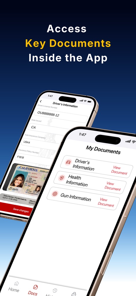 Attorney Shield Inc - The app provides a secure digital wallet for essential documents like a 'Driver's Information' and categorized sections such as 'Health Information'.