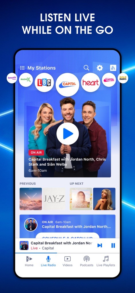 Global Player Radio & Podcasts - This tool offers an immersive live radio experience with a prominent play button and real-time "ON AIR" information, keeping users connected to broadcasts.