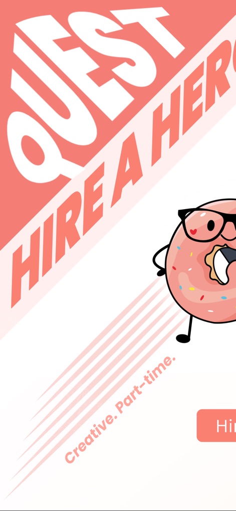 Quest - Hire a Hero - O aplicativo exibe seu branding vibrante com o logo "QUEST HIRE A HERO" em destaque e um personagem de donut estilizado, ambos elementos gráficos centrais da identidade visual.