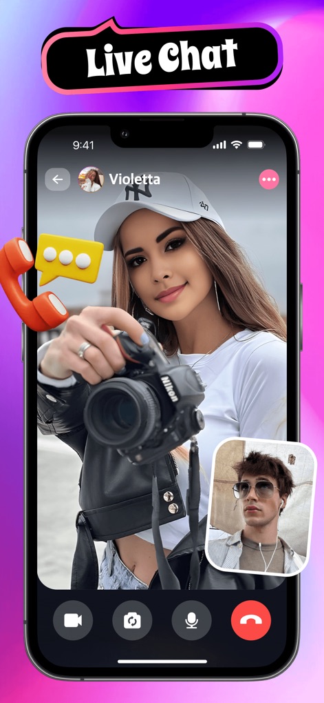 ChatOnline: Live Video Call - Cet outil permet des appels vidéo en direct, où les participants peuvent échanger en temps réel, avec des contrôles intégrés pour la "caméra" et le "microphone" pour une interaction fluide.