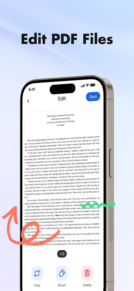 PDF Reader - OCR Scan Edit - The app empowers users with robust PDF editing tools, demonstrated by the 'Crop' and 'Brush' functions available in the editing toolbar.