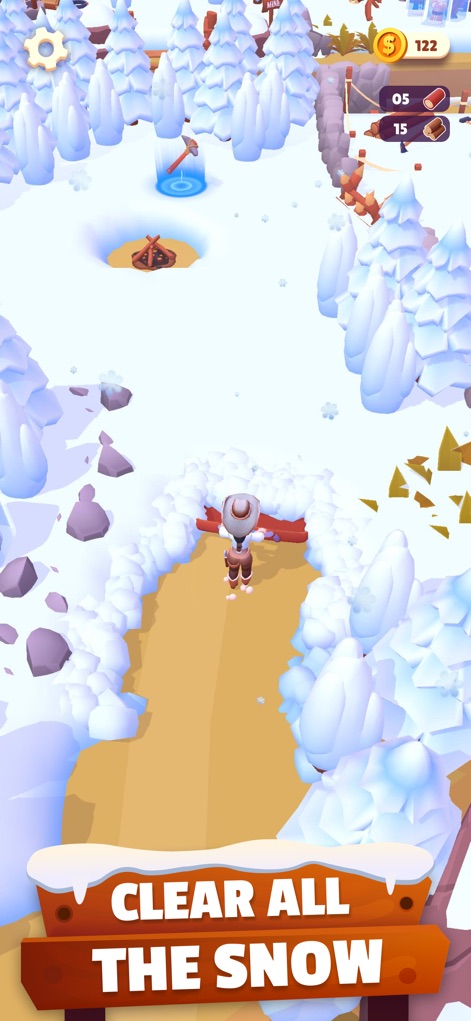 Gold Rush: Frozen Adventures - Observe the protagonist clearing large snowdrifts to forge a path and the distant warm glow of a campfire amidst the icy wilderness.