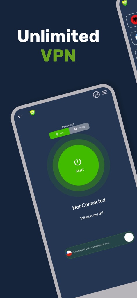 VPN.lat: unlimited and secure - La interfaz principal destaca el prominente botón "Start" para iniciar la conexión, y los usuarios pueden seleccionar fácilmente entre los protocolos "WG" u "OVPN".