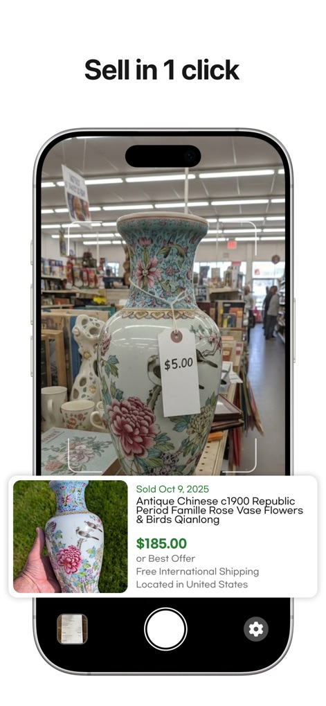 ThriftAI: Profit Identifier - The app presents crucial marketplace listing details alongside an intuitive item capture interface, streamlining the selling preparation process.