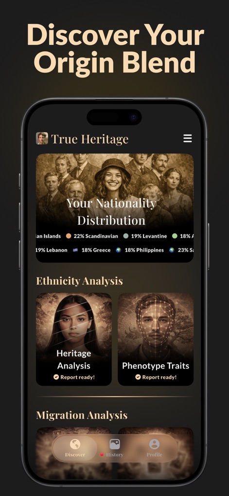True Heritage & Ancestry: EDNA - La interfaz principal presenta la "Your Nationality Distribution" que revela el porcentaje de la mezcla cultural del usuario, y las opciones de "Ethnicity Analysis" como Heritage Analysis, listos para una exploración profunda de sus rasgos.