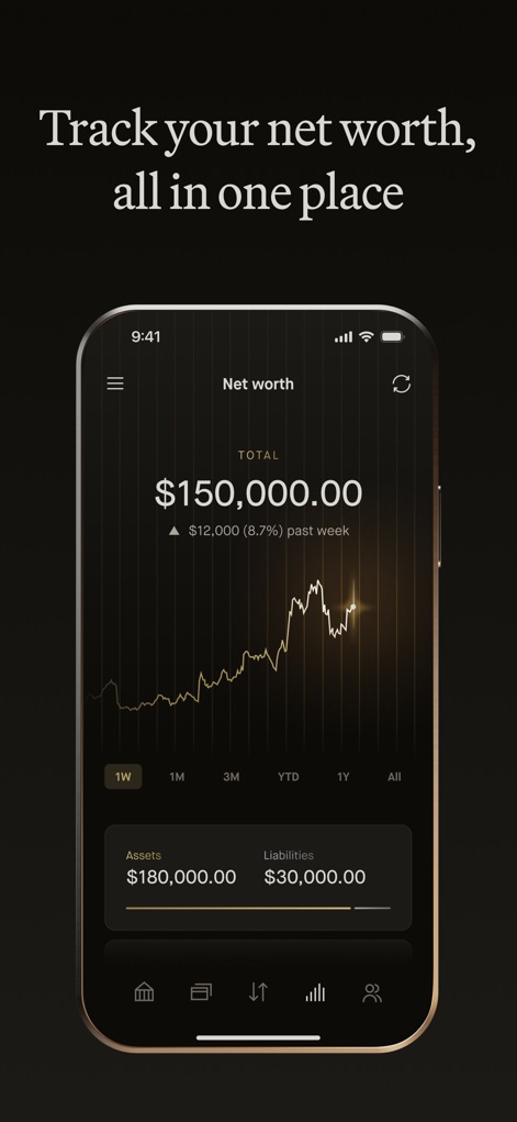 Robinhood Banking - The app provides a holistic view of financial health, displaying a total net worth of $150,000.00 and detailed breakdowns of assets and liabilities.