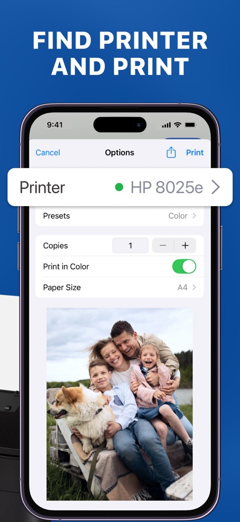 Air Printer App: Smart Print - Qui viene illustrato il processo di configurazione della stampa, dove gli utenti possono modificare 'print options' come il numero di copie o il colore, con una 'preview di una foto' prima di procedere.