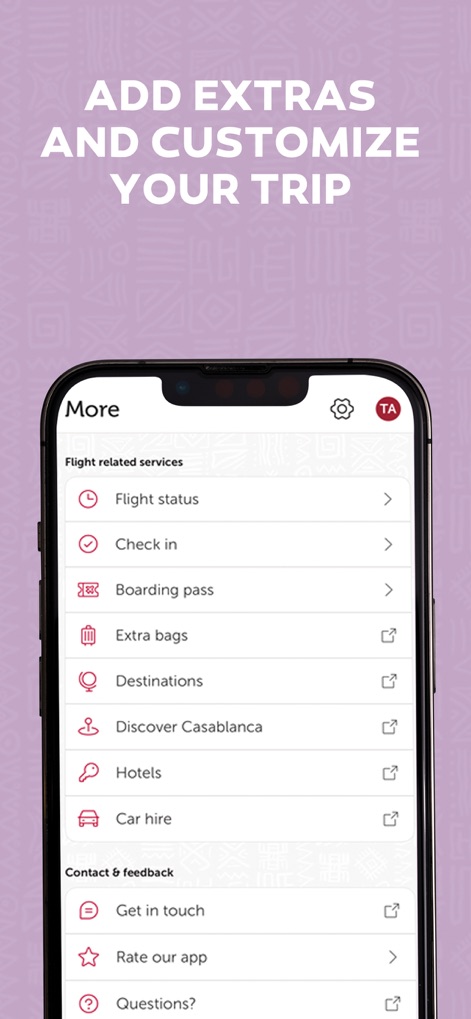 Royal Air Maroc - La sección "More" ofrece diversas opciones para personalizar el viaje, desde añadir "Extra bags" hasta reservar "Hotels" o un "Car hire".