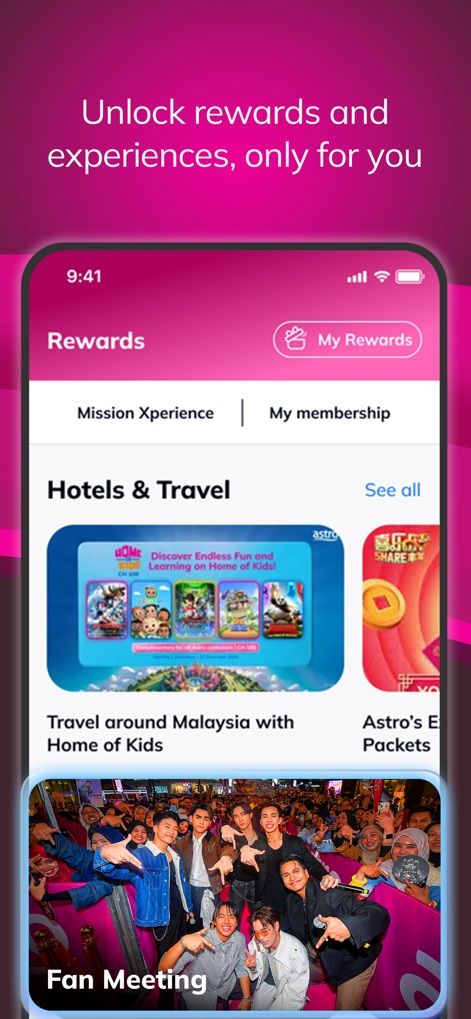 My Astro - Access a world of exclusive benefits through the "Rewards" section, including unique "Hotels & Travel" deals and exciting "Fan Meeting" opportunities.