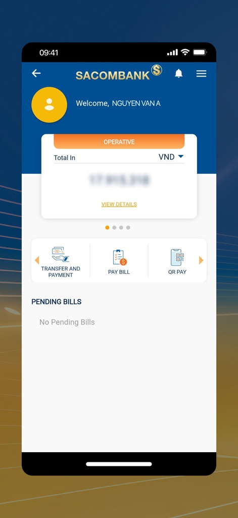 SACOMBANK mBanking - Les utilisateurs profitent d'un aperçu financier rapide via le tableau de bord, intégrant des actions rapides pour le 'Transfer and Payment' et la fonctionnalité 'QR Pay'.