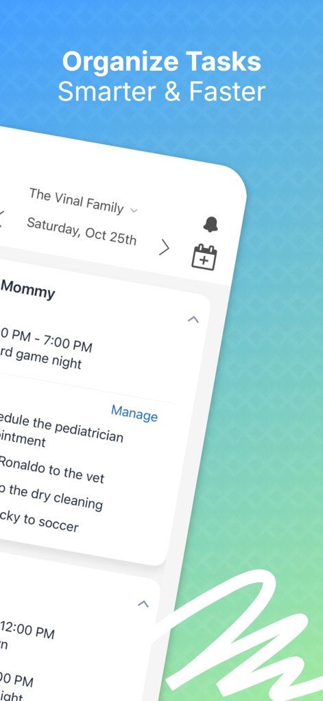 Podz: Family & Group Organizer - この画面では、個人名に紐づくタスクリストが表示され、家族の各メンバーの責任を明確にします。さらに、時間が指定された予定が効率的な時間管理をサポートします。