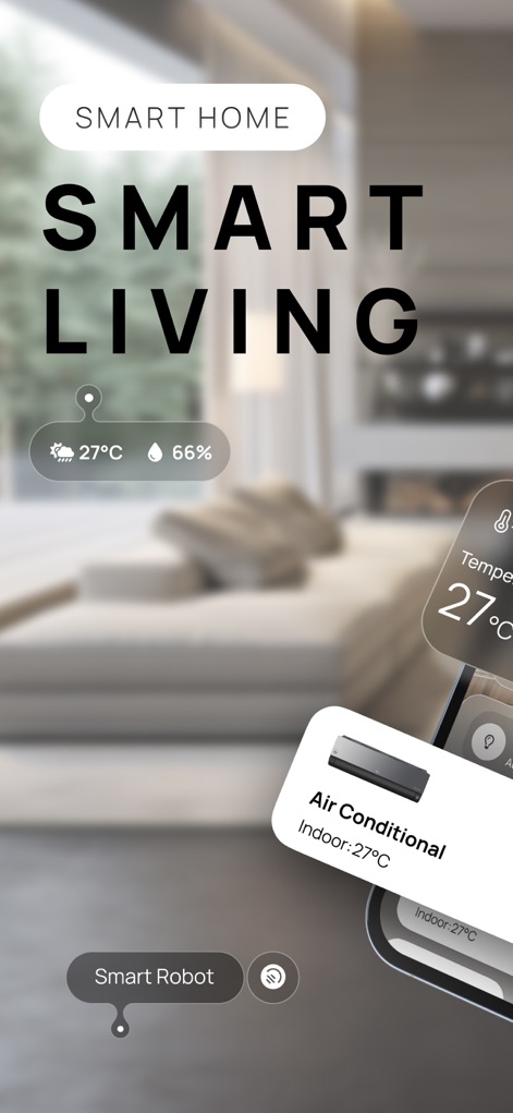Smart Life - Smart Home App - このアプリは、スマートホームの概要を表示し、現在の室温27°Cや湿度66%といった環境データを確認できます。また、画面下部にはエアコンの制御カードが表示され、室内温度も確認可能です。